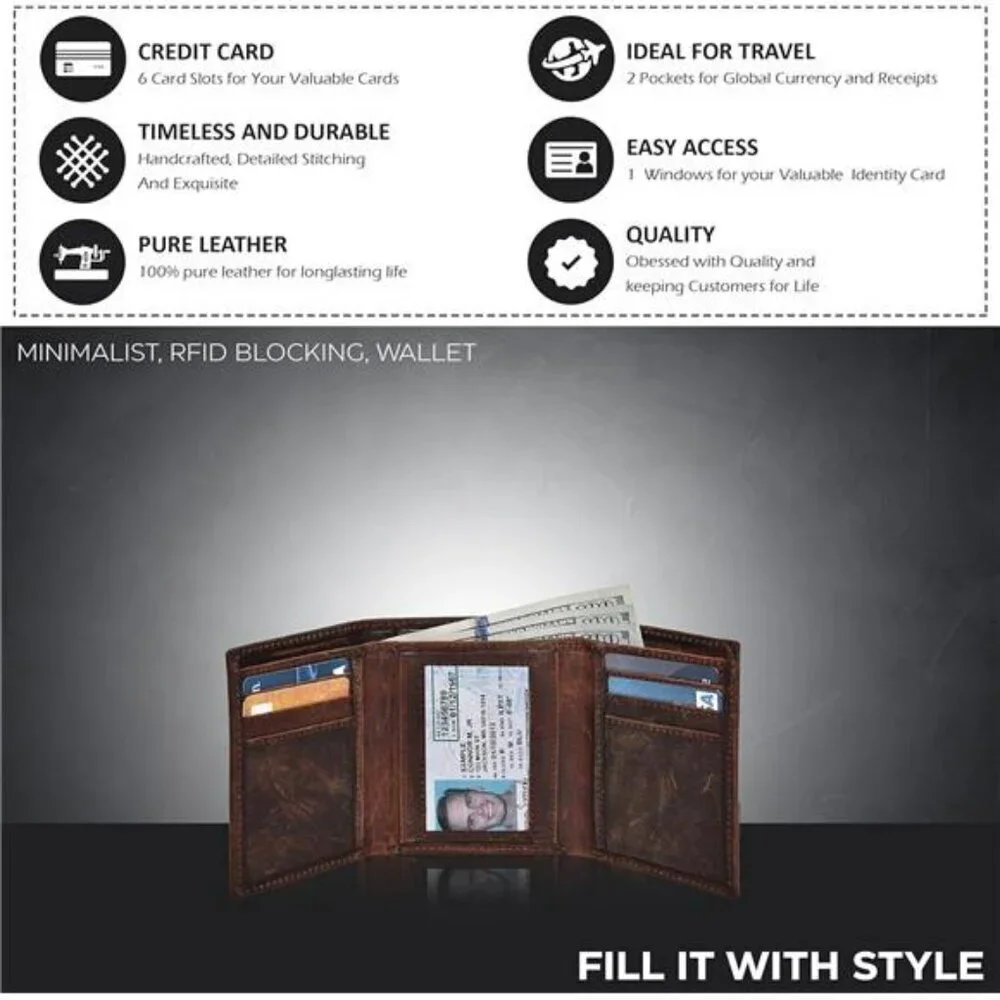 Real Leather RFID Trifold Wallet for Men Slim Credit Card ID Holder Gift